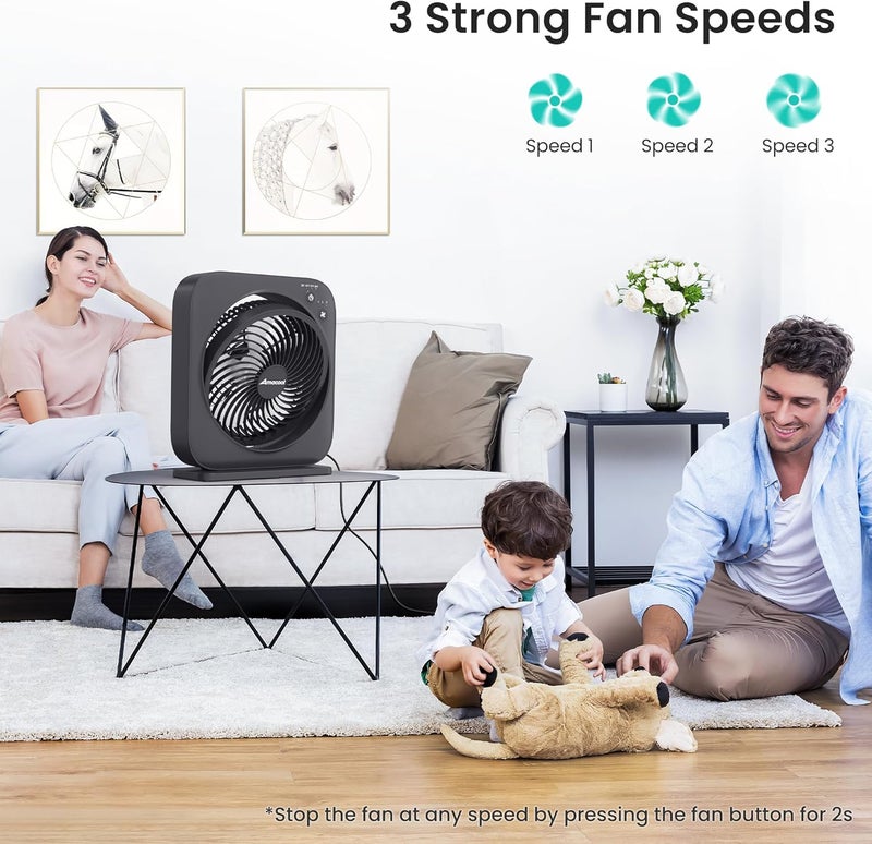 AMACOOL Table Fan, 12 inch Box Fan with 3 Adjustable Speeds & 8HRS Timer, 270° Pivoting Quiet Air Circulator, Desktop Fan for Bedroom Bathroom Kitchen Office, AC Adapter Included-Black - Image 2